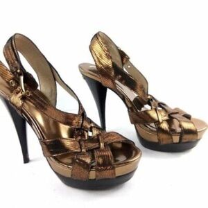 Michael Kors Niki Crossstrap‎ Stiletto Heels – Antique Brass Gold, Size 6.5